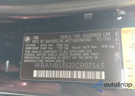 2007 BMW 550I из США, поврежденный, VIN WBANB53527CP07563